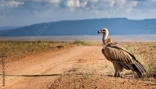 Regal Rppells Vulture Gazing Across Dusty Plains under the Blazing African Sun, its Wings Spread Against the Vibrant Backdrop of a Remote Dirt Road photo