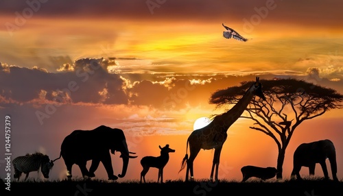 Vivid African Sunrise Accents Majestic Wildlife Gathering, Showcasing a Diverse Palette of Animal Species Roaming the Savannah.