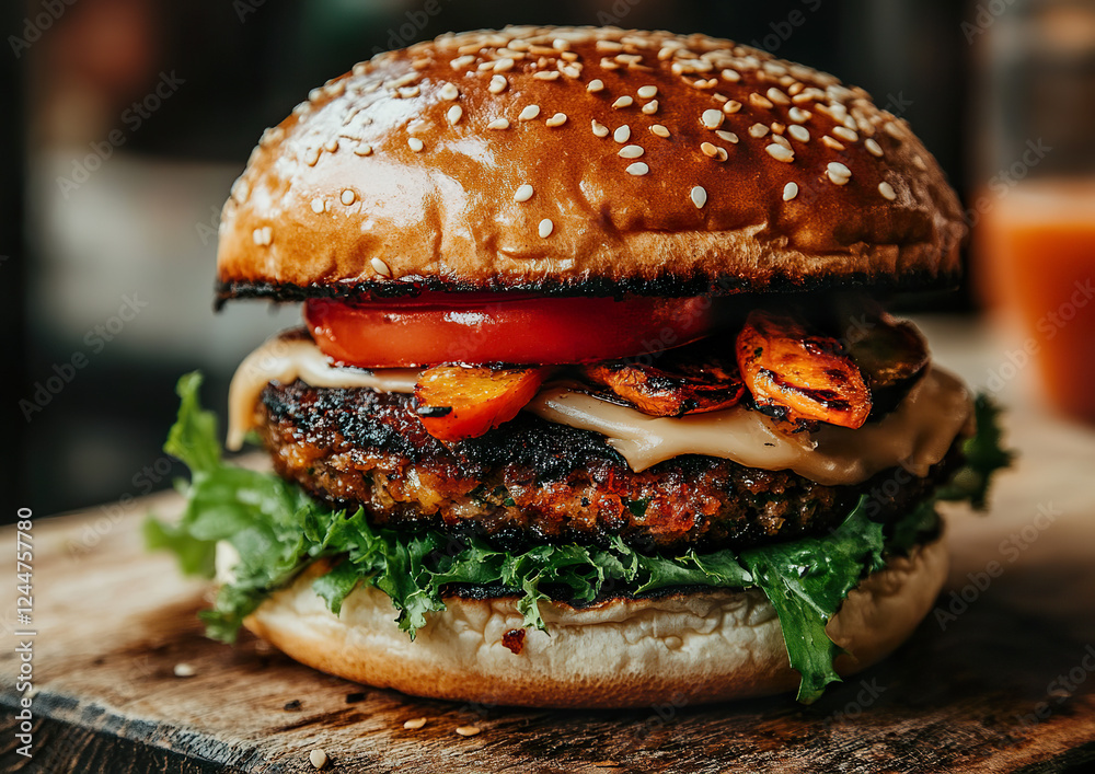 Veggie burger with plant-based patty and grilled vegetables, styled on a restaurant table, overhead view composition showcasing the vibrant colors and textures of the ingredients. Veggie burger with plant-based patty and grilled vegetables, styled on a restaurant table, overhead view composition showcasing the vibrant colors and textures of the ingredients.