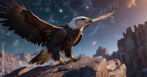 Perched atop a rocky outcropping, an eagle's piercing gaze sweeps across the cosmos, its feathers ruffled by solar winds , wind, rocky terrain, atmospheric phenomenon