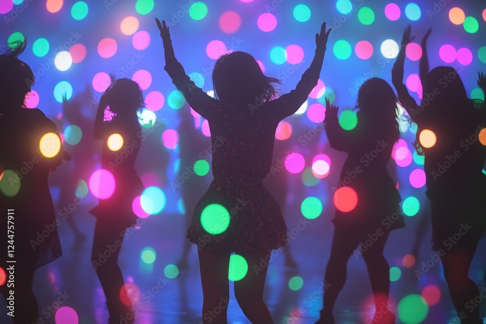 Silhouetted Dancers in a Disco Ball Light Show. Silhouetted Dancers in a Disco Ball Light Show.