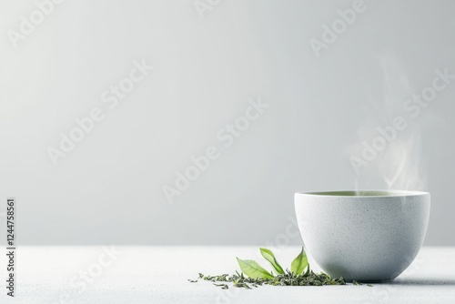 Steaming cup of green tea on a clean white table with loose leaves scattered around