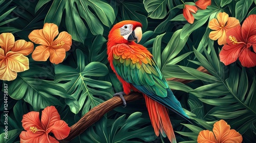 Vibrant Scarlet Macaw Amid Tropical Foliage and Colorful Flowers