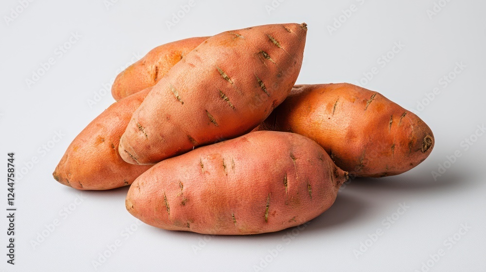 A pile of sweet potatoes arranged on a white background. A pile of sweet potatoes arranged on a white background.