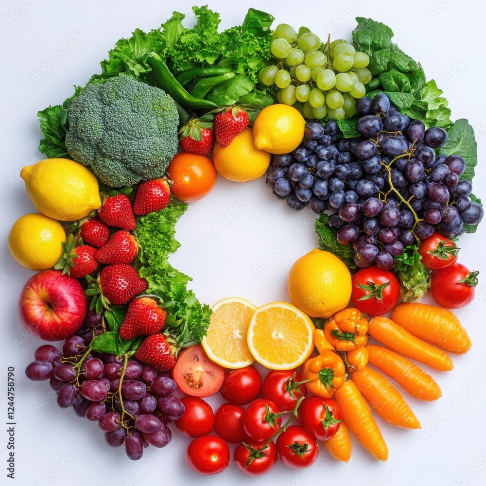 Rainbow of Freshness: A vibrant and colorful circle of fresh fruits and vegetables arranged in a rainbow gradient, symbolizing the abundance and beauty of nature's bounty. Rainbow of Freshness: A vibrant and colorful circle of fresh fruits and vegetables arranged in a rainbow gradient, symbolizing the abundance and beauty of nature's bounty.