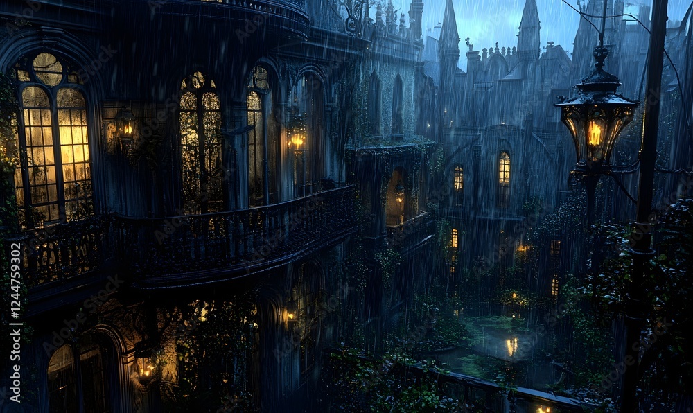 Fototapeta premium Rainy night in gothic city; glowing windows, overgrown courtyard. Use fantasy illustration