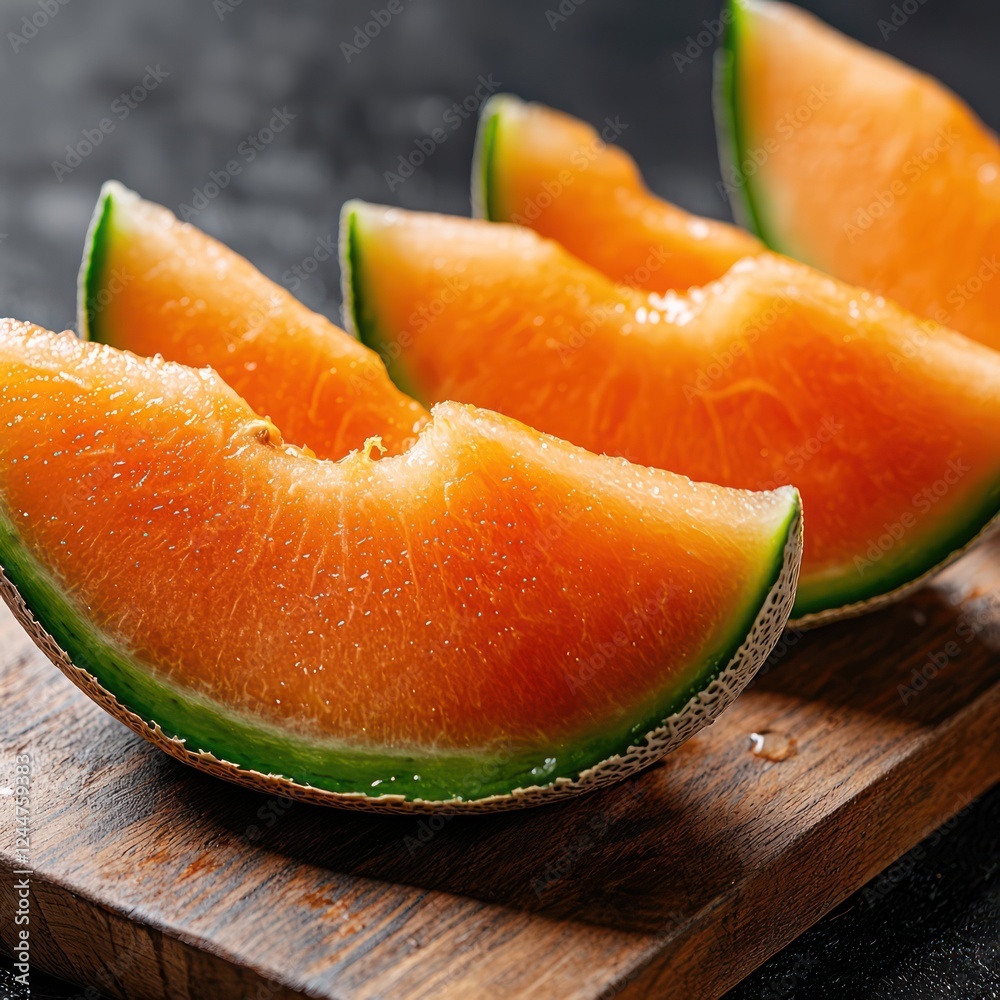 Juicy cantaloupe slices displayed on a wooden board, highlighting freshness and texture. Juicy cantaloupe slices displayed on a wooden board, highlighting freshness and texture.