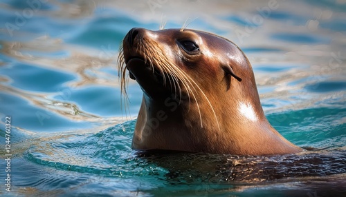 Striking Sea Lion Eumetopias jubatus Encounter at the Rocky Pacific Coastline, Captured in a Dramatic Oceanic Setting with Rough Textures and Rich Blues photo