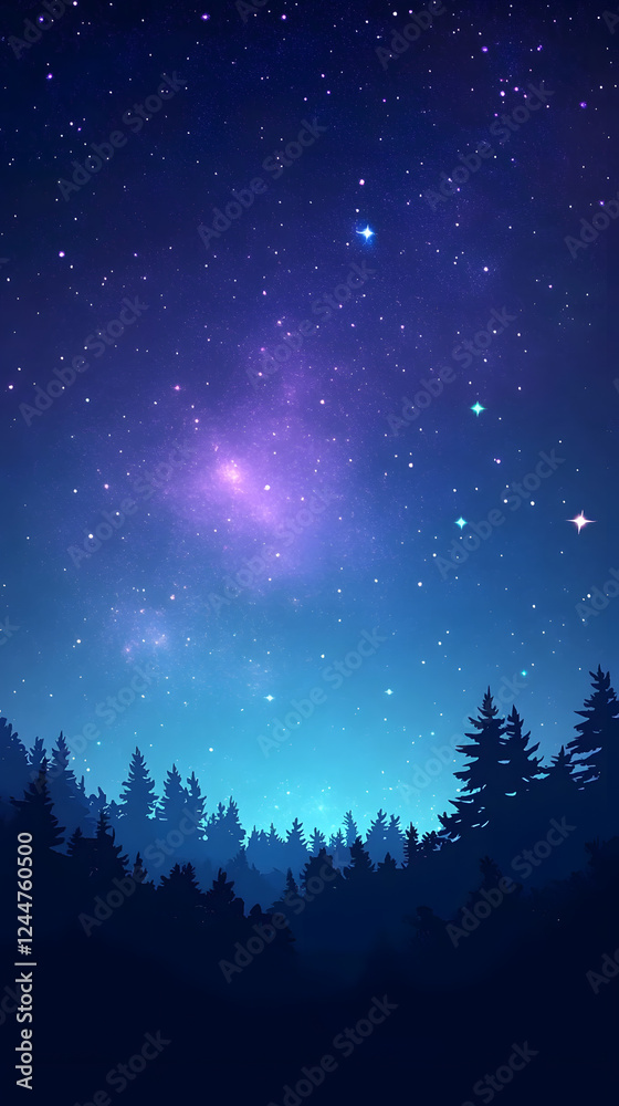 Naklejka premium Majestic Milky Way Illuminates Night Forest Silhouette