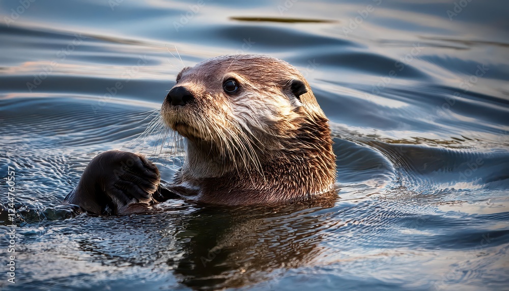 Stunning Sea Otter Enhydra lutris in Coastal Waters at Dusk, Showcasing Playful Agility and Soft Fur Textures against the Backdrop of a Tranquil Sunset Stunning Sea Otter Enhydra lutris in Coastal Waters at Dusk, Showcasing Playful Agility and Soft Fur Textures against the Backdrop of a Tranquil Sunset