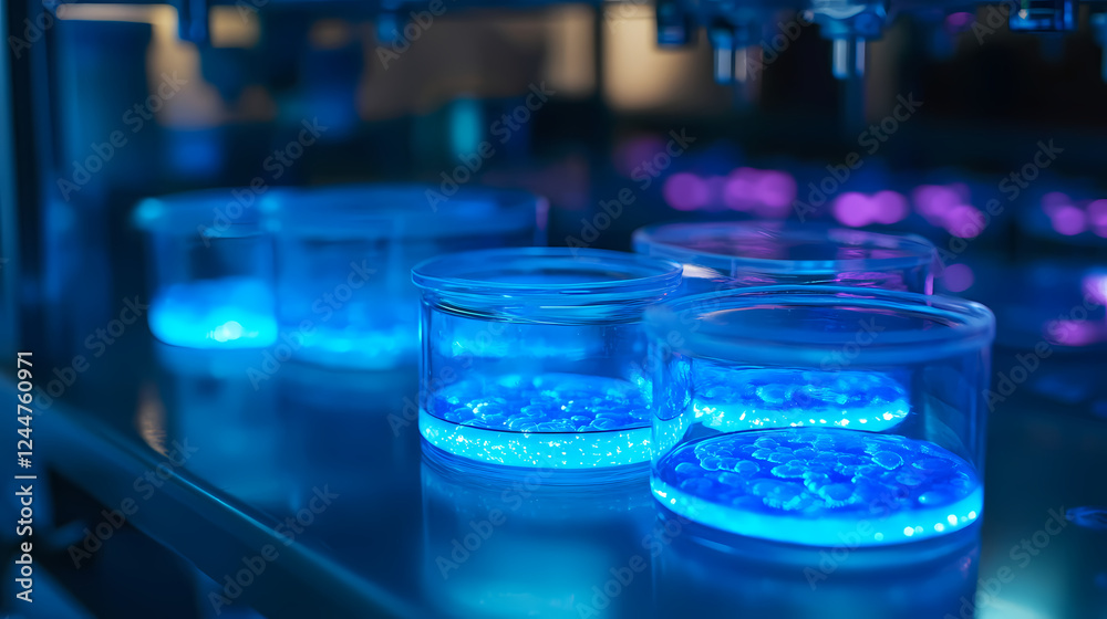 Close-up of bioluminescent bacteria in a laboratory setting, microbial biotechnology. Bioluminescent Lifeforms. Illustration Close-up of bioluminescent bacteria in a laboratory setting, microbial biotechnology. Bioluminescent Lifeforms. Illustration