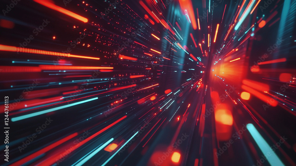 Naklejka premium Futuristic tunnel with glowing red and orange neon light trails, creating a dynamic sense of speed and movement, symbolizing technology and progress