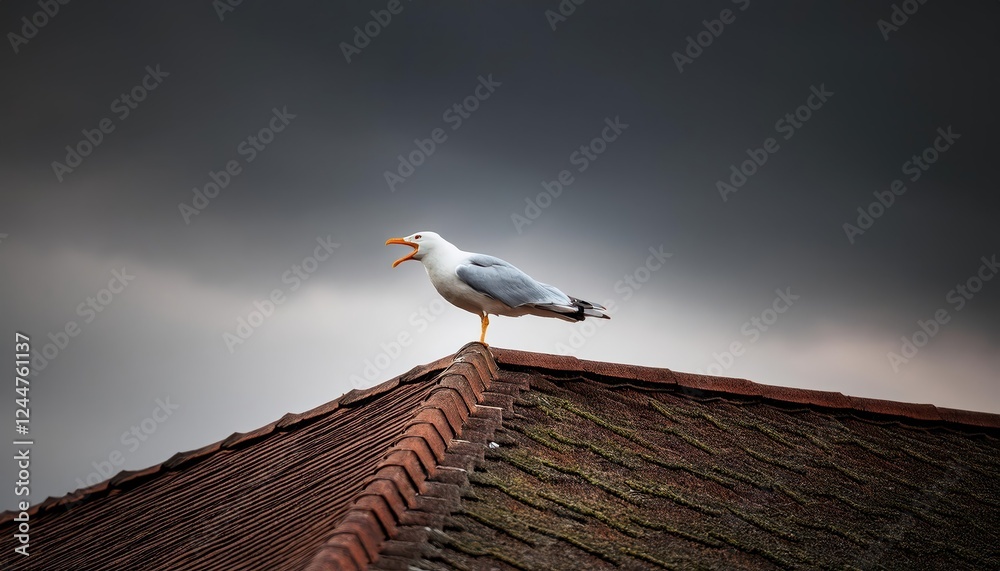 Lone Seagull Silhouette Cries against a Stormy Sky on an Urban Roofscape, Contrasting Dramatic Textures and Dark Mood Lone Seagull Silhouette Cries against a Stormy Sky on an Urban Roofscape, Contrasting Dramatic Textures and Dark Mood