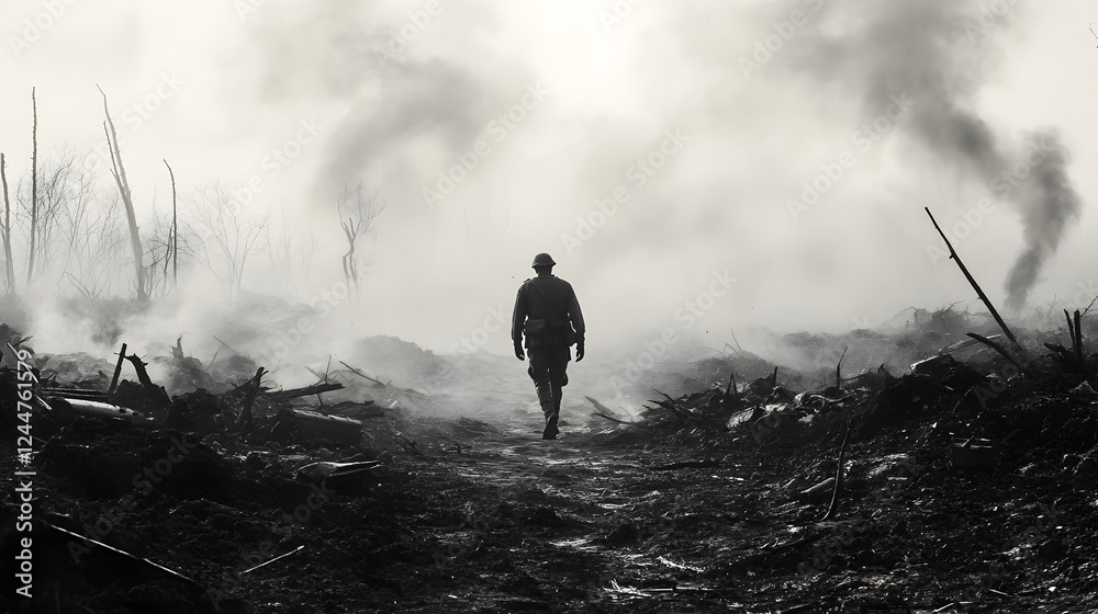Obraz premium The quiet after the storm. A single soldier walks through the desolate battlefield, stepping carefully over broken weapons and scattered debris, his face a mask of grief and exhaustion.