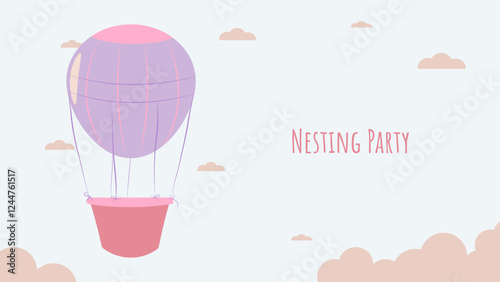 Nesting party banner honor of expectant parents. Balloon in clouds. Website poster design in pastel colors. Vector illustration.