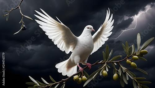 The symbol of peace, the dove of peace, a white dove spreading its wings on an olive tree branch against a background of barium clouds and lightning photo