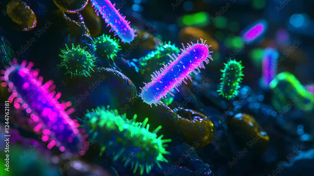 Microscopic view, mutated bacteria, bioluminescent glow, dark futuristic background, scientific visualization. Bioluminescent Lifeforms. Illustration Microscopic view, mutated bacteria, bioluminescent glow, dark futuristic background, scientific visualization. Bioluminescent Lifeforms. Illustration