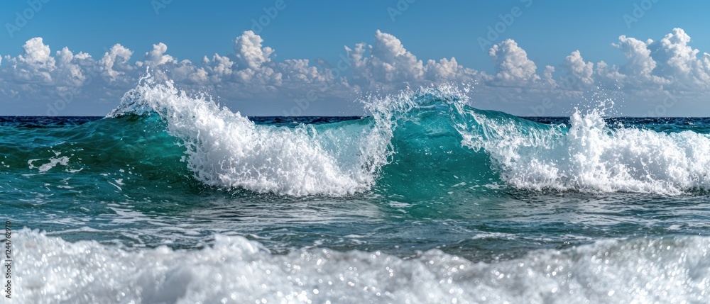 A vibrant seascape showcasing crashing waves under a clear blue sky with fluffy clouds.