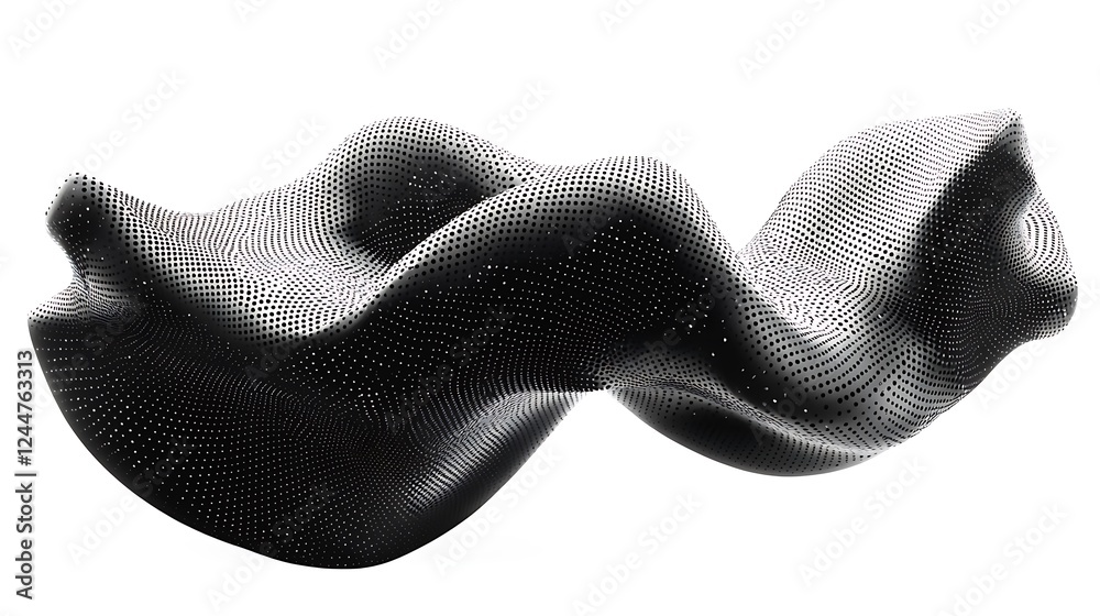 Flowing dots particles wave pattern 3D curve halftone black gradient isolated on white background Flowing dots particles wave pattern 3D curve halftone black gradient isolated on white background