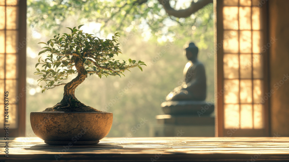 A minimalist Zen-inspired composition with a masterfully shaped bonsai tree, placed in an aged clay pot on a textured wooden surface A minimalist Zen-inspired composition with a masterfully shaped bonsai tree, placed in an aged clay pot on a textured wooden surface