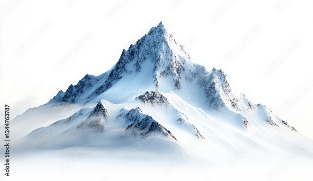Obraz premium Majestic Snow-Capped Peak: A breathtaking, isolated snow-capped mountain peak pierces a misty sky, its icy slopes hinting at untold adventures and challenges.