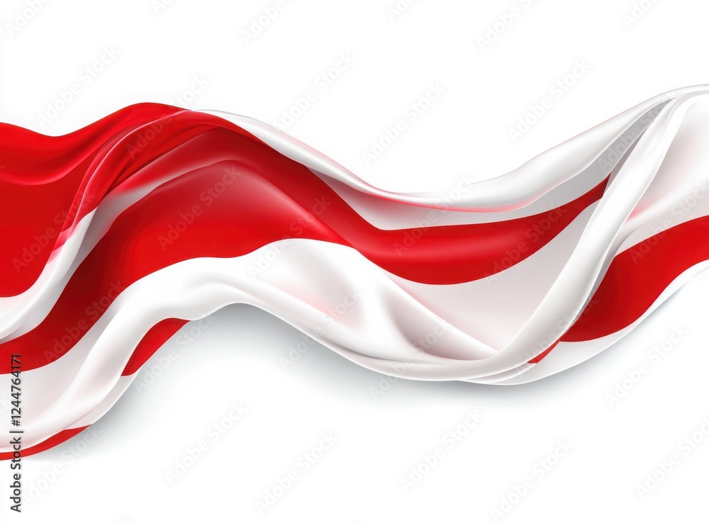 Fototapeta premium Red and White Striped Fabric Flowing: A vibrant, red and white striped fabric billows and swirls gracefully.