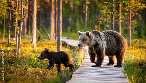 Majestic Shebear with Cubs Strolling Along a Wooden Walkway Amidst the White Nights of Finnish Summer. A Captivating Moment in Finlands Enchanting Wilderness. photo