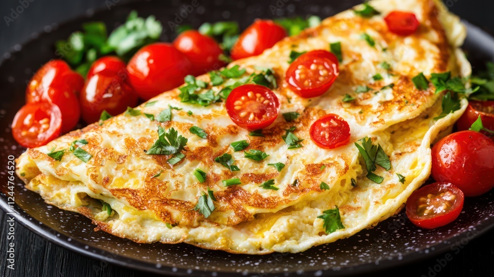 A delicious omelet garnished with cherry tomatoes and herbs on a plate. A delicious omelet garnished with cherry tomatoes and herbs on a plate.
