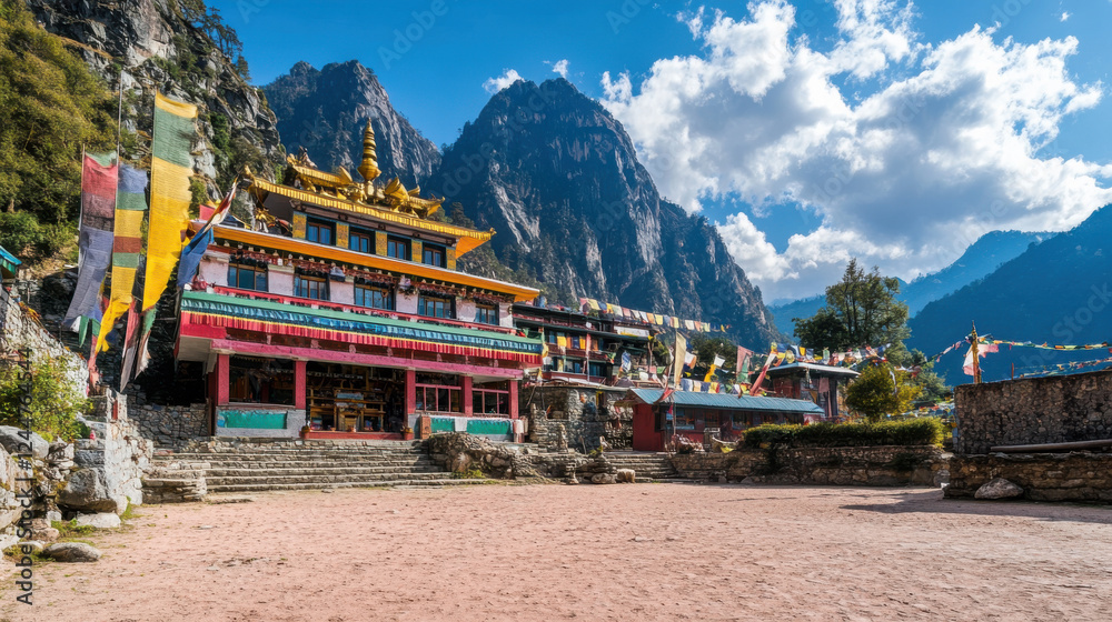 Fototapeta premium Majestic buddhist monastery with colorful prayer flags and stunning mountain background in serene himalayan landscape