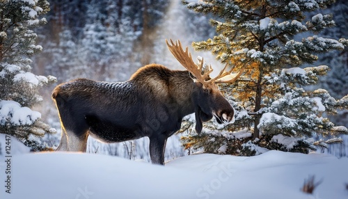 Majestic Shiras Moose Amidst a Winter Wonderland, Standing Tall against the Backdrop of a Tranquil Snowy Forest, Capturing a Moment of Serene Beauty in Alaskas Frozen Wilderness. photo
