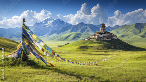 Vibrant tibetan prayer flags lead to majestic monastery against majestic mountainous landscape and expansive clear blue sky
