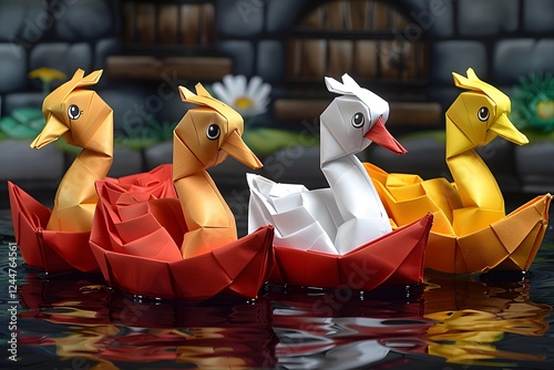 Origami swan glides on sunset sea.