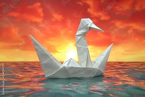 Origami swan glides on sunset sea.