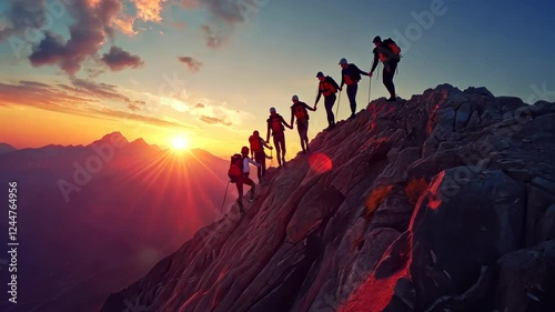 Dramatic mountain sunrise hike with team climbing steep rocky terrain