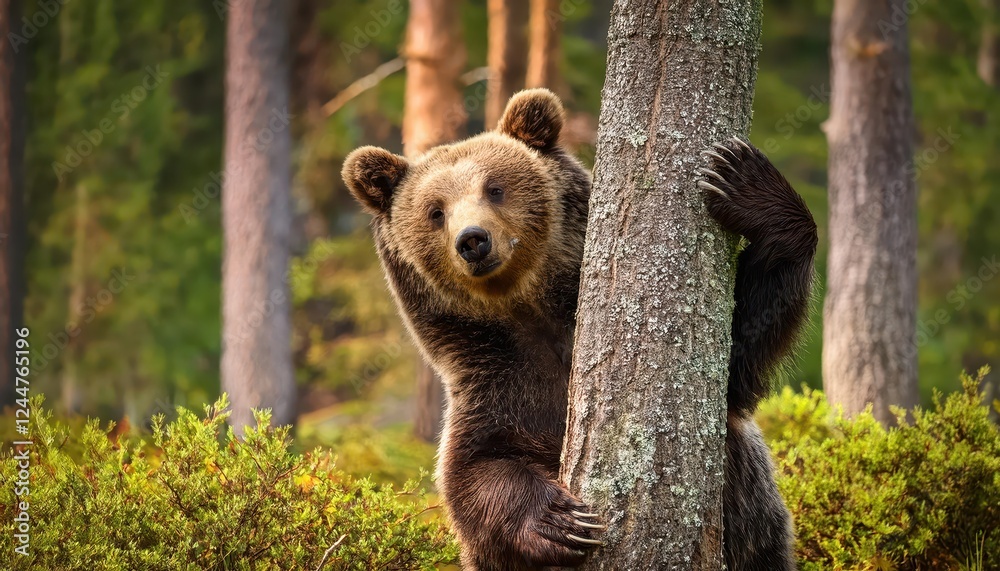 Fototapeta premium Majestic Brown Bear in Upright Position, Standing Tall amidst Forest Greenery at Dusk, Displaying the Power and Grace of Ursus Arctos, Captured on .