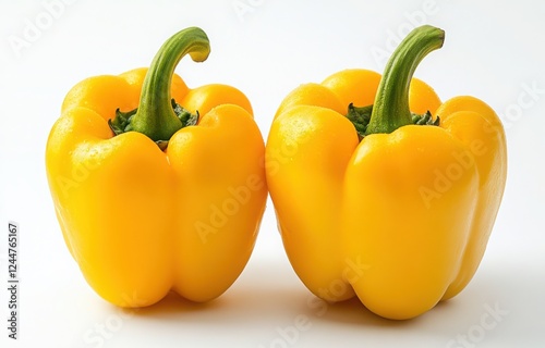 Sunshine on a Plate: Two vibrant yellow bell peppers, plump and glossy, stand out against a clean backdrop, promising a burst of flavor and color in any culinary creation.