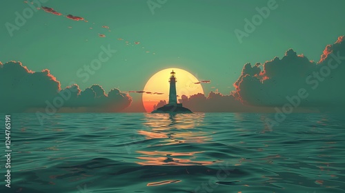 Lighthouse stands tall in sunset sky.