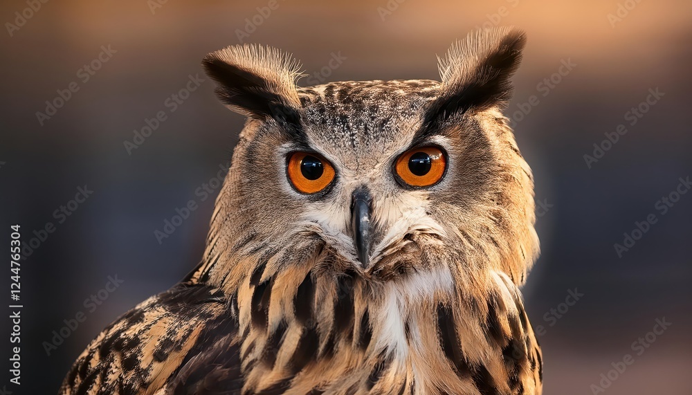 Fototapeta premium Striking Siberian Eagle Owl Bubo bubo sibiricus in Snowy Forest Landscape at Dusk, Showcasing Majestic Beauty and Power