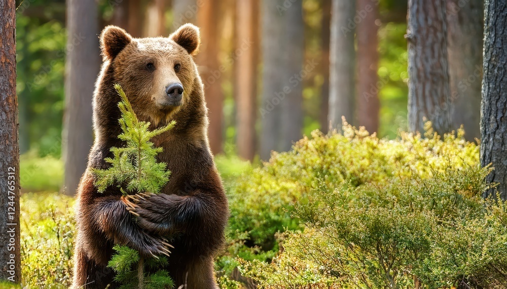 Fototapeta premium Enigmatic Brown Bear Standing on its Hind Legs, Amidst the Lush Forest Backdrop, Showcasing a Rare Display of Curiosity and Strength in the Wild.