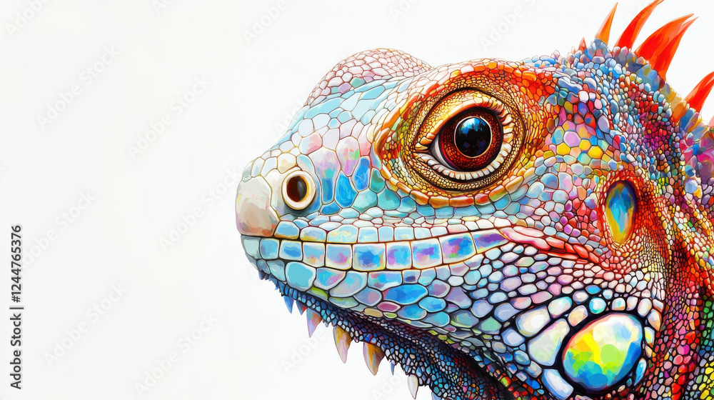 Vibrant colorful iguana head close-up depicting intricate details of scales and striking eye featuring exotic reptile in profile Vibrant colorful iguana head close-up depicting intricate details of scales and striking eye featuring exotic reptile in profile