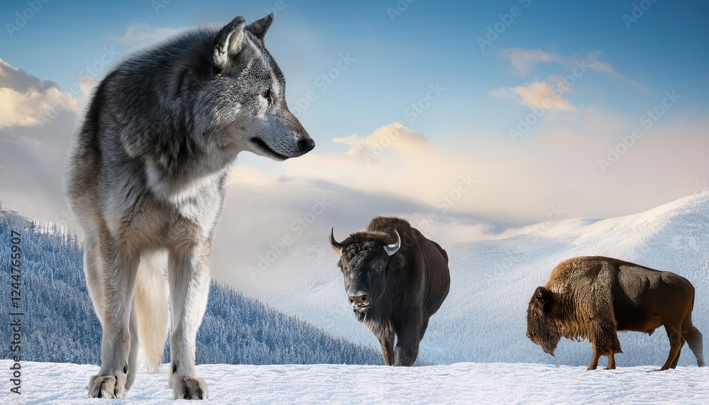 Fototapeta premium Majestic Timber Wolf and Buffalo Overseeing a SnowCovered Landscape A Vigilant Pair in a Frosty Wilderness at Dusk on January,