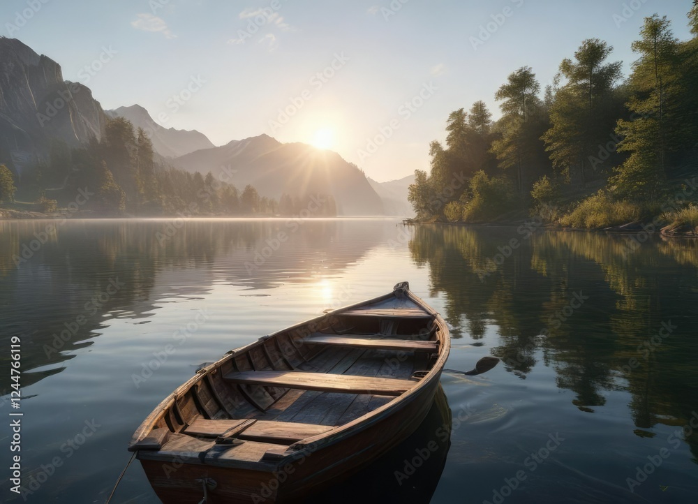 Soft morning light gently illuminates the lake's surface, casting a serene glow on the small boat , gentle illumination, morning hours Soft morning light gently illuminates the lake's surface, casting a serene glow on the small boat , gentle illumination, morning hours