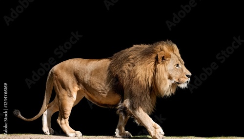 Majestic yearold Lion Strolling Gracefully in African Savannah, A Blend of Power and Poise, Against the Backdrop of Golden Sunset and Dusty Plains. photo