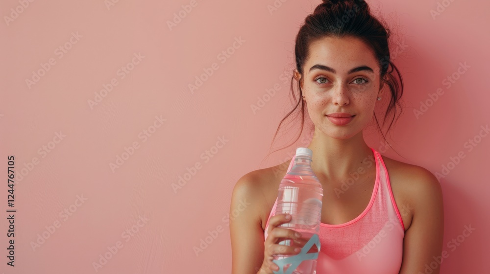 Young woman holding water bottle against pink background in sporty attire, conveying fitness and hydration lifestyle Young woman holding water bottle against pink background in sporty attire, conveying fitness and hydration lifestyle