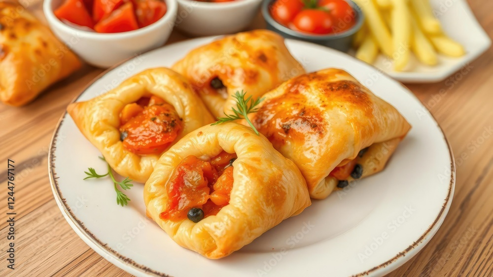 Spinach borek displayed on a rustic white wooden table, cuisine, pastry, savory
