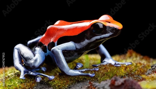 Vivid Silverstones Poison Frog Ameerega silverstonei Amidst Tropical Rainforest Vegetation, Showcasing Bold Colors and Intricate Textures. photo