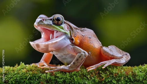 Vibrant Closeup of a Spring Peepers Vocal Sac Inflation, Showcasing the Frogs Colorful Displays and Amphibian Beauty in a Forest Glade. photo