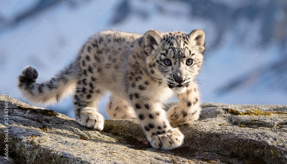 Fototapeta premium Adorable Snow Leopard Cub Exploring Rocky Terrain under a Blanket of Fresh Snow, Showcasing Wild Grace and Frosty Surroundings.