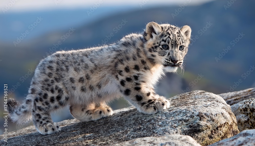 Fototapeta premium Adorable Snow Leopard Cub Exploring Rocky Terrain Against a Winter Backdrop, Showcasing Playful Energy and Bold Coat Patterns on a Frosty Morn