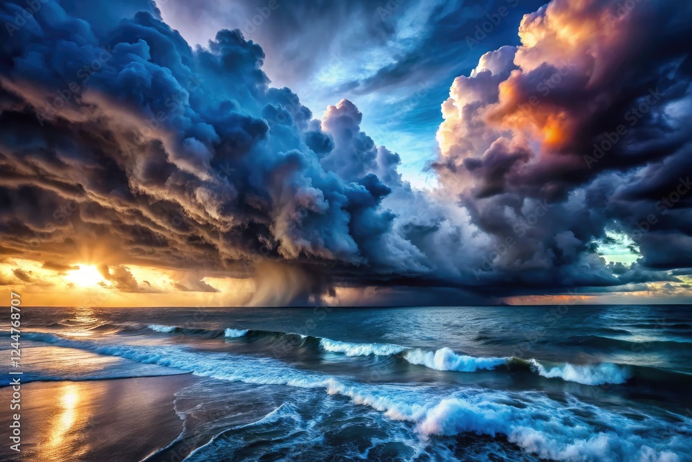 Naklejka premium Black sky, raging ocean, monstrous waves crash under a moonless night.